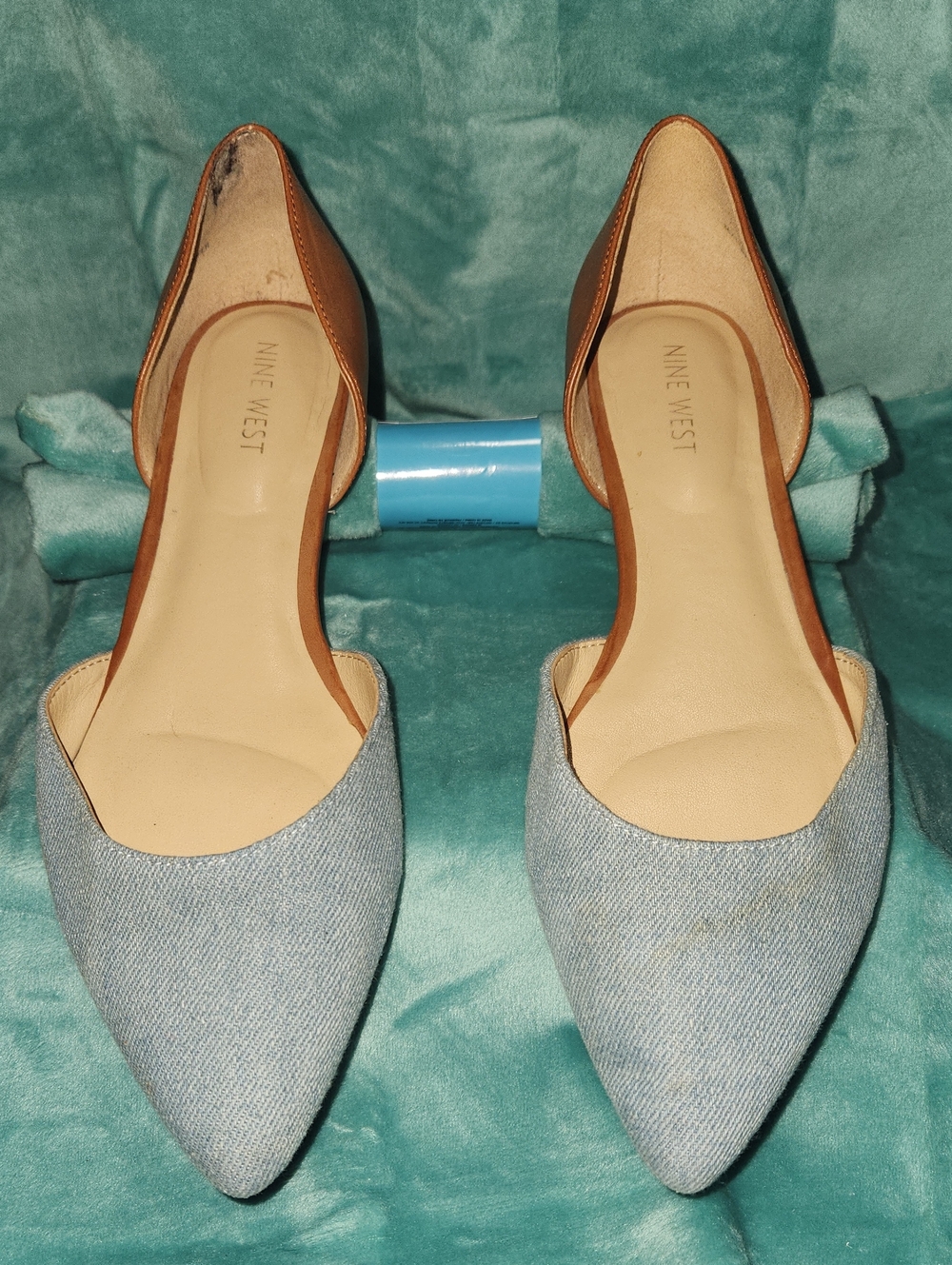 Nine West Light Blue Denim Pointed D'Orsay Flats with Brown Trim